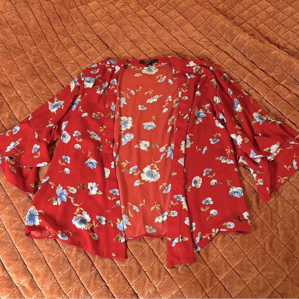 Red white and blue floral kimono